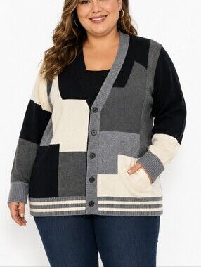 Silver Silk ~Woman Plus Size 3XL~ Black Gray White Button-Up Cardigan Wool Blend